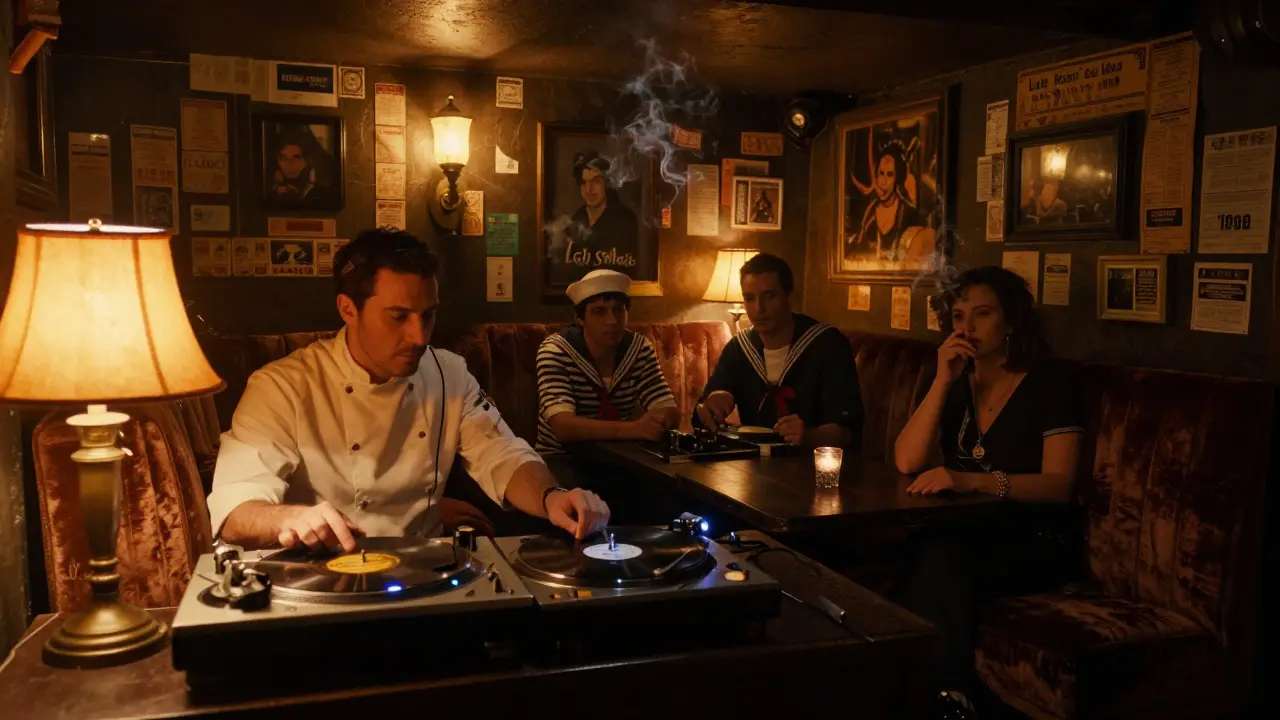 A cozy basement club with warm lighting, a DJ spinning vinyl, and patrons enjoying quiet music in a vintage setting.
