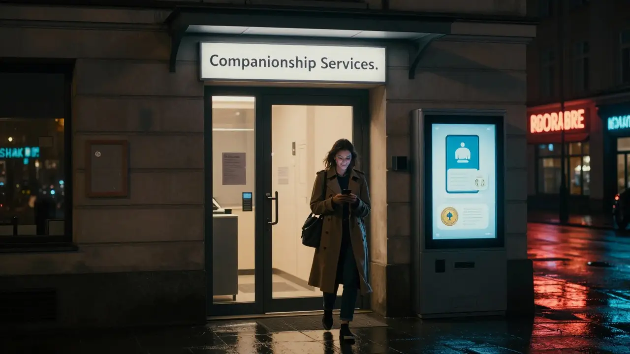 A discreet Berlin companionship agency entrance at night, with a woman leaving after a session.