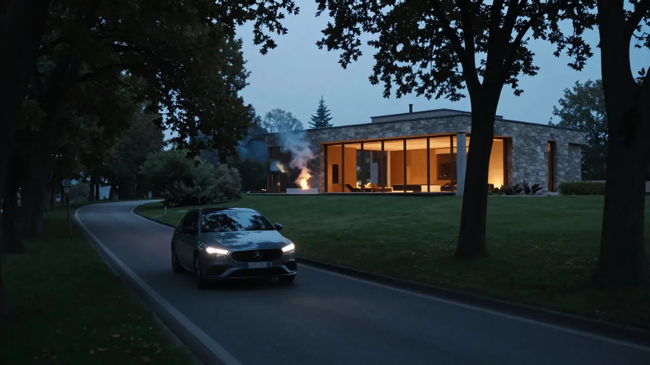 A discreet luxury car approaching a hidden villa at dusk, with warm fireplace light glowing through windows in the quiet outskirts of Milan.