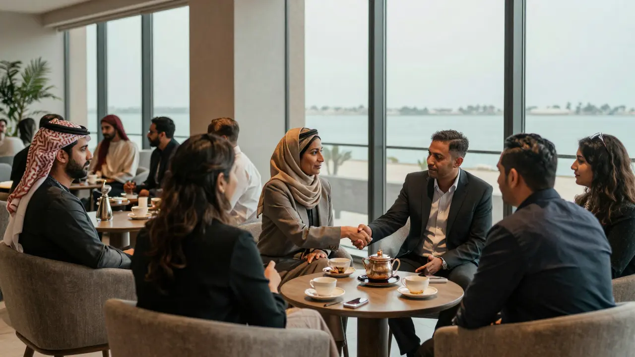 A group of professionals chatting politely at a sophisticated expat networking event in a modern lounge with Gulf views.