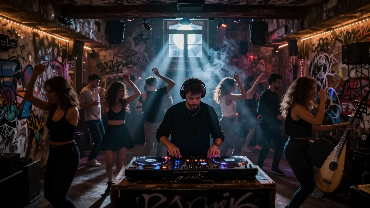 A hidden basement club in Karaköy with dancers under strobe lights, graffiti walls, and an oud resting nearby.