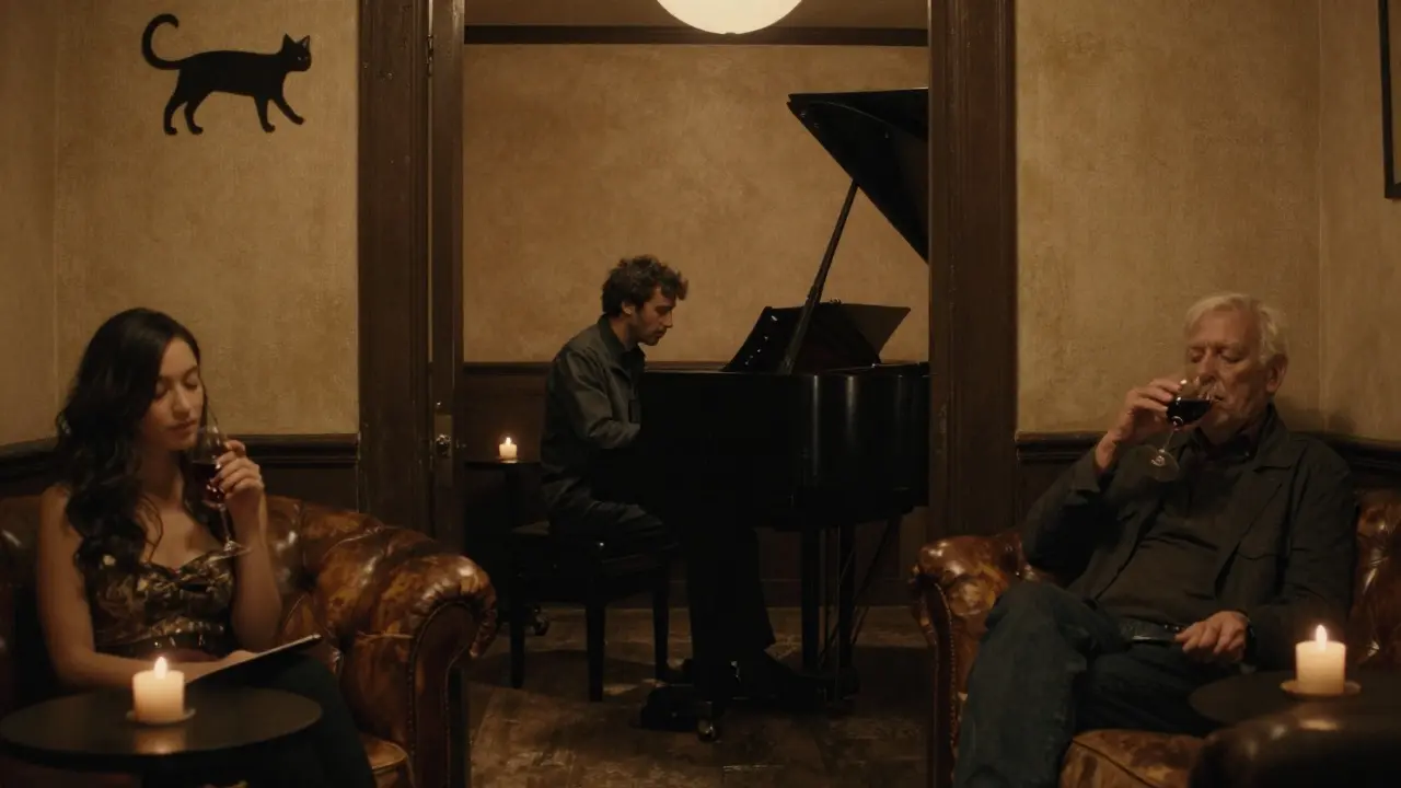 A hidden jazz bar with a grand piano and candlelit patrons in a quiet, intimate setting.