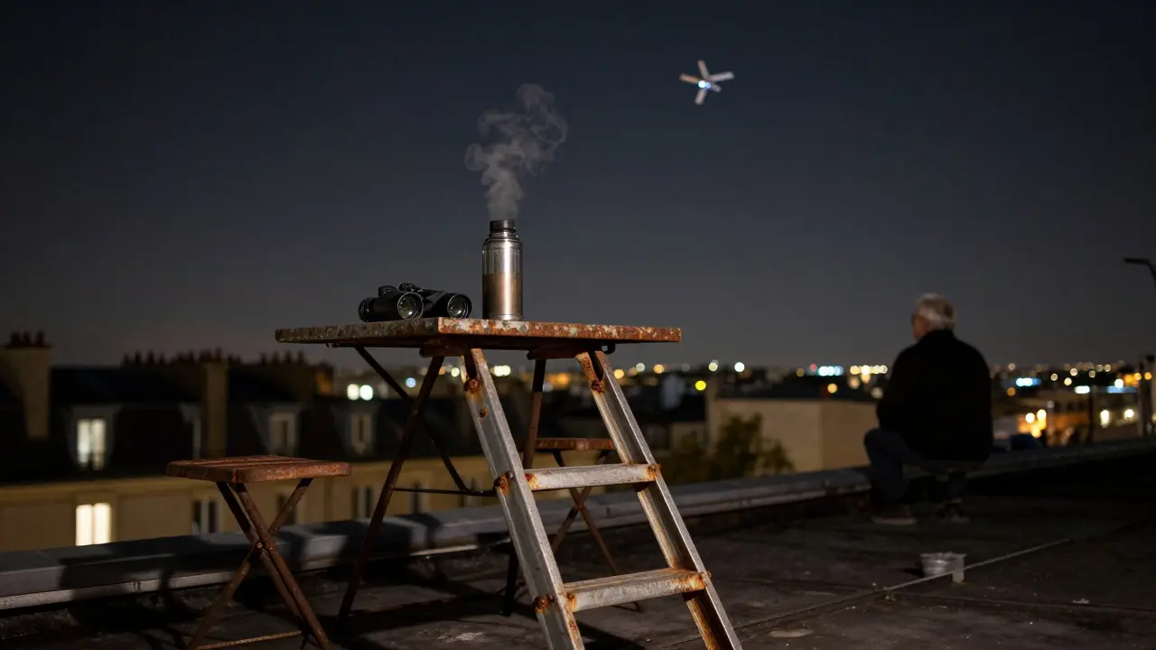 A hidden rooftop at night with binoculars aimed at the stars and a thermos of cider beside two stools.