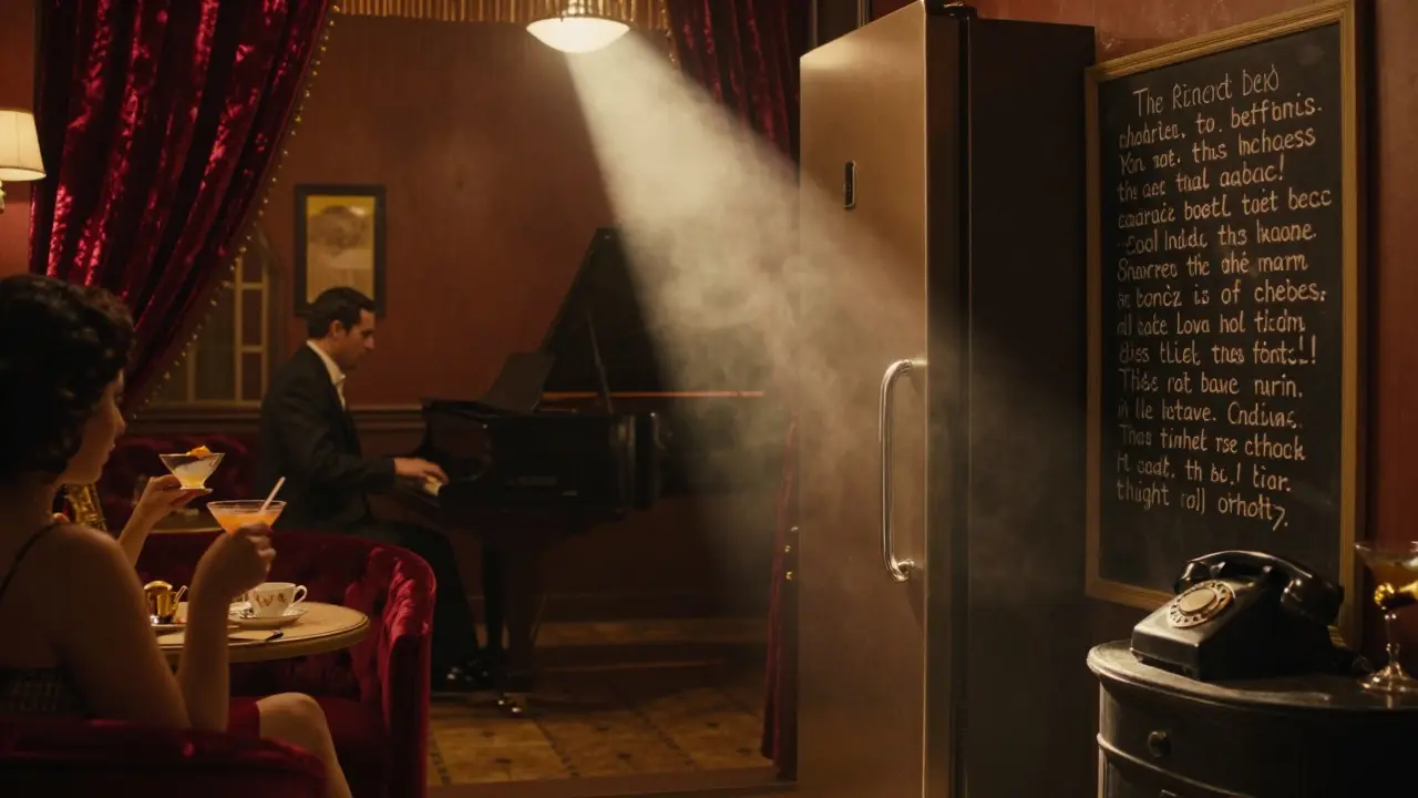 A hidden speakeasy lounge with velvet drapes and teacup cocktails, illuminated by warm amber light in a Turkish bath setting.