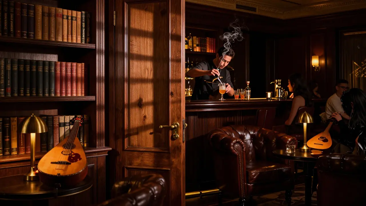 A hidden speakeasy with warm lighting, vintage books, and a bartender mixing a smoky cocktail in an elegant, intimate setting.