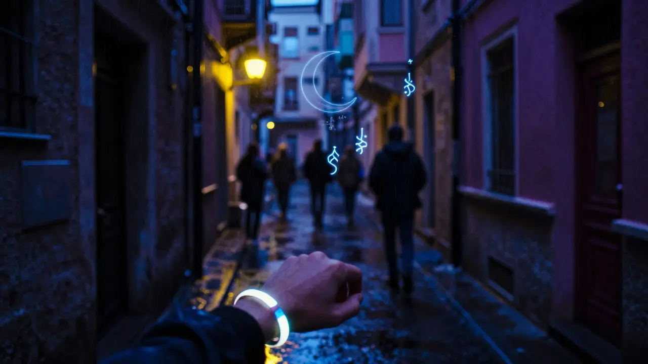 A hidden underground entrance in Beyoğlu with a glowing wristband and surreal electronic sufi symbols floating in the misty alley.