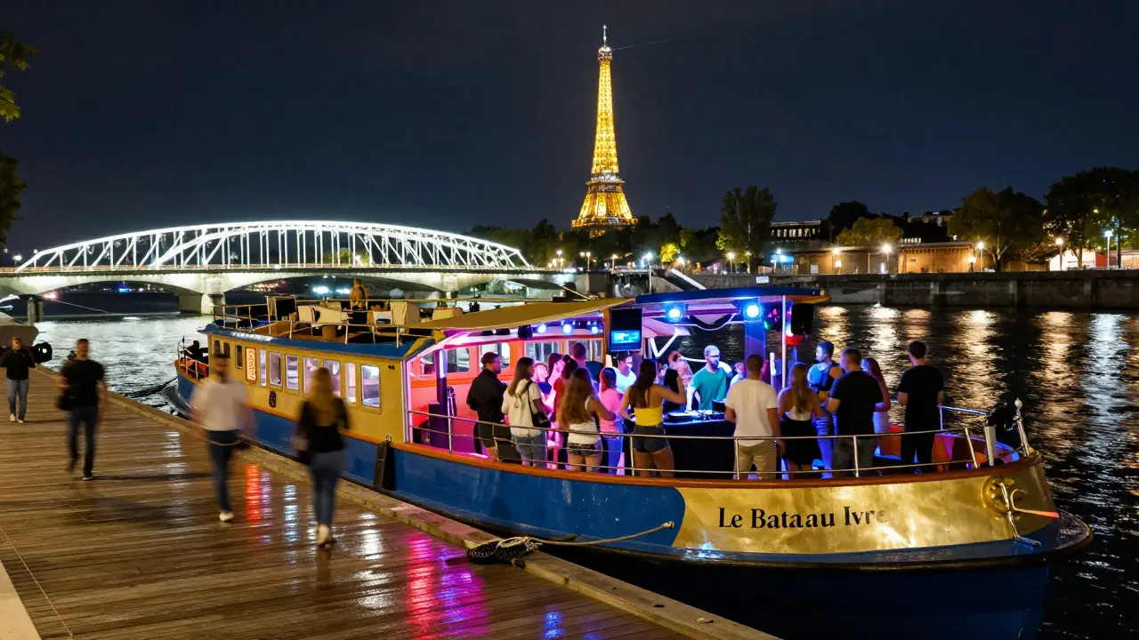 A lively blue-and-gold boat with a DJ spinning music, crowd dancing on deck under the glow of the Pont Neuf and sparkling Eiffel Tower.