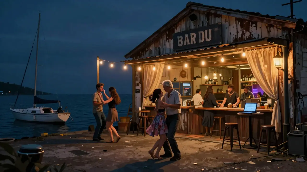 A lone elderly man dances with his granddaughter at a harbor-side bar under string lights at night.