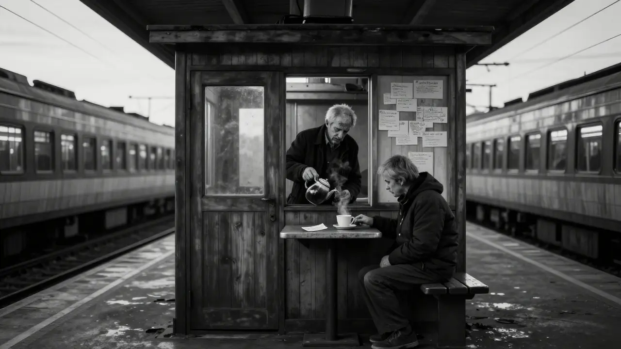 A lone traveler sits in a small wooden cabin at a deserted metro station, receiving tea from a mysterious bartender.