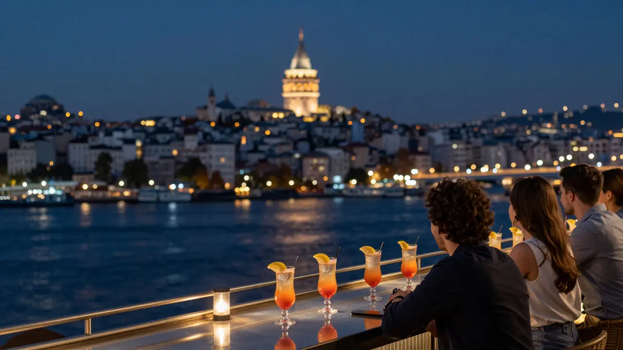 A luxurious rooftop bar in Istanbul offering panoramic views of the Golden Horn and Bosphorus Bridge at night.