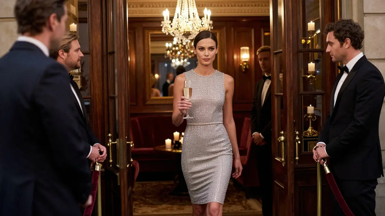 A luxury escort leads a client through a velvet rope into a private London club, champagne in hand.