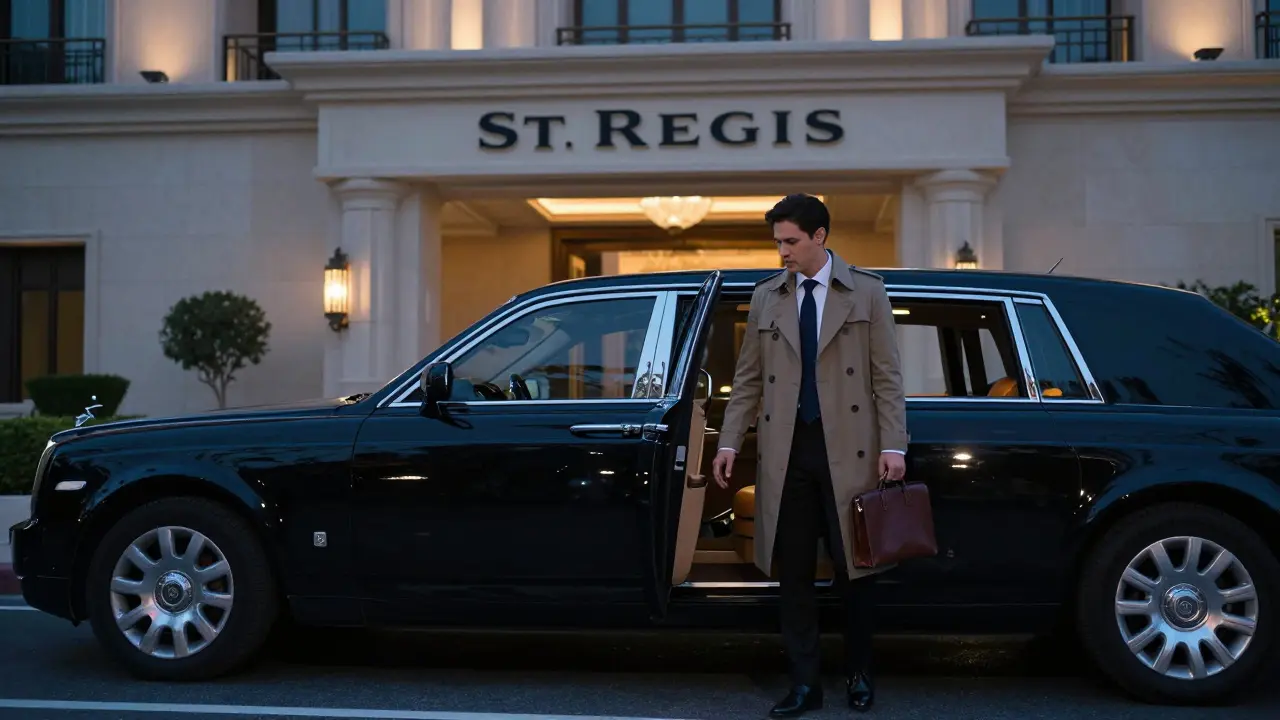 A luxury limousine outside a high-end hotel in Abu Dhabi, with a discreet companion exiting, embodying quiet professionalism.