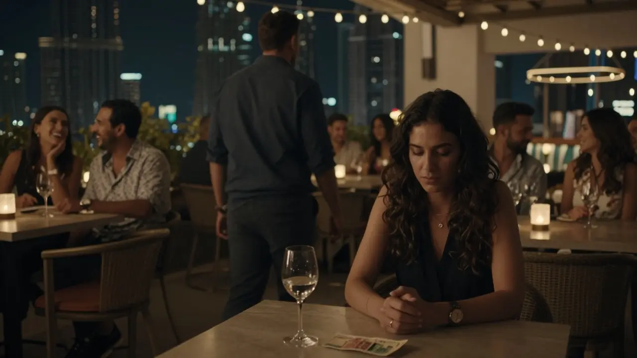 A man walking away from a woman at a Dubai rooftop bar, tension in the air.