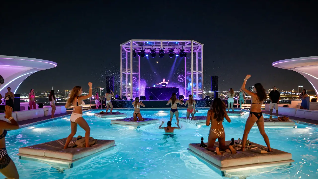 A neon-lit rooftop pool party at night with people dancing in swimwear under glowing lights and a suspended DJ cage.