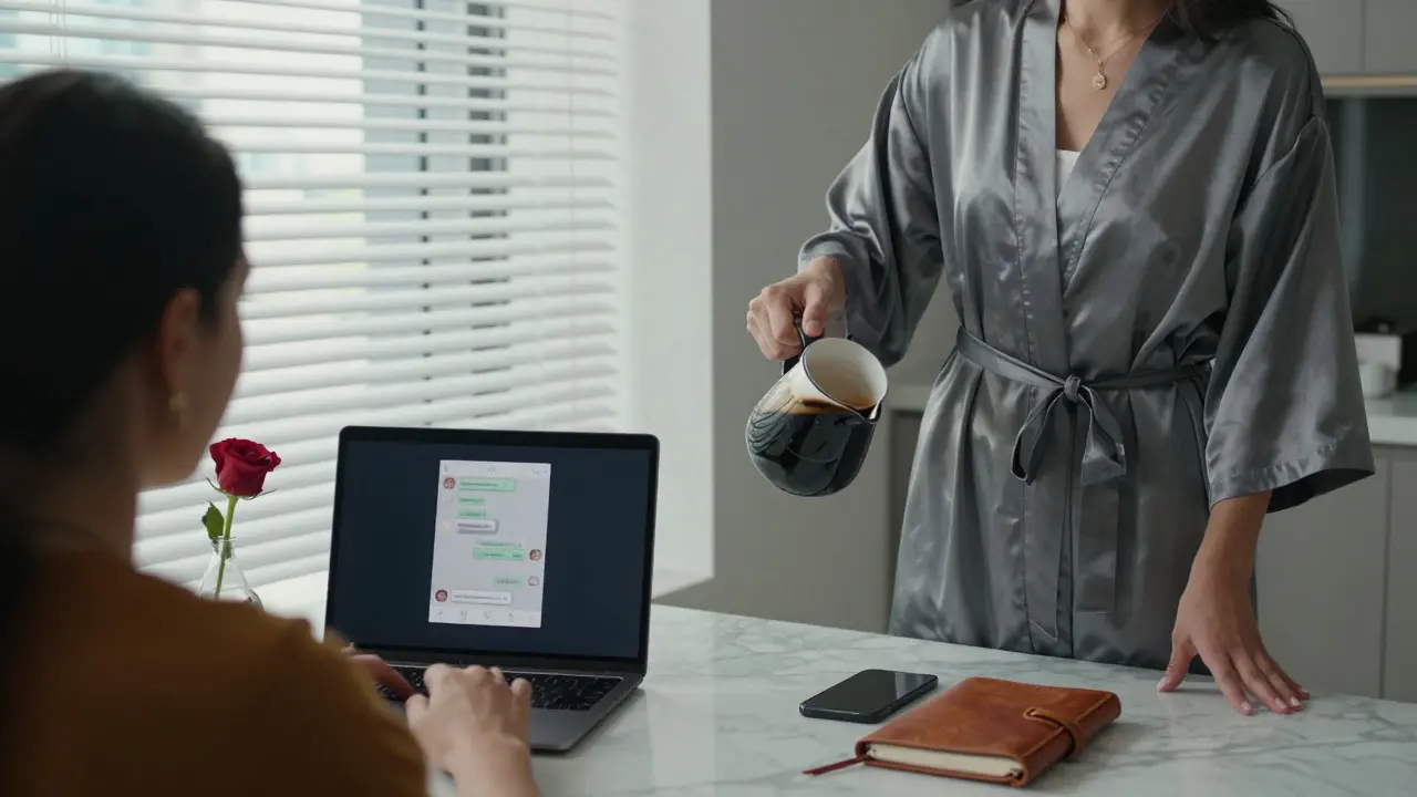 A professional companion serving coffee to a client in a minimalist Dubai apartment, with encrypted devices visible.