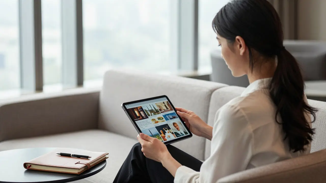 A professional female companion reviewing a curated itinerary in a luxury hotel lounge, emphasizing intelligence and discretion.