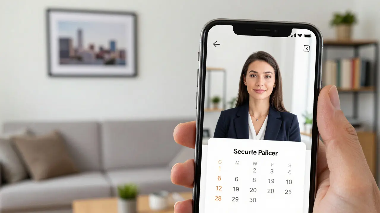 A professional woman on a secure video call, showing a verified escort platform interface.