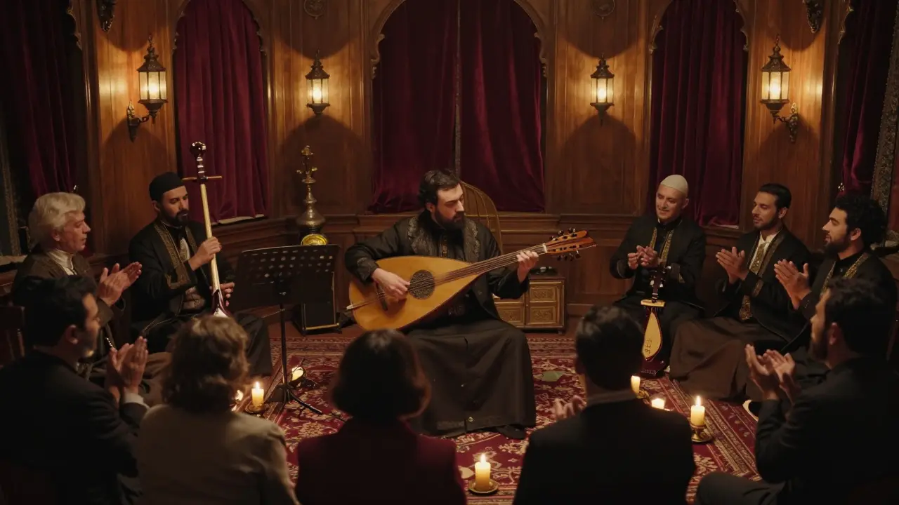 A quiet Classical Turkish music session in dim candlelight with musicians playing oud, ney, and kanun in an Ottoman-style room.