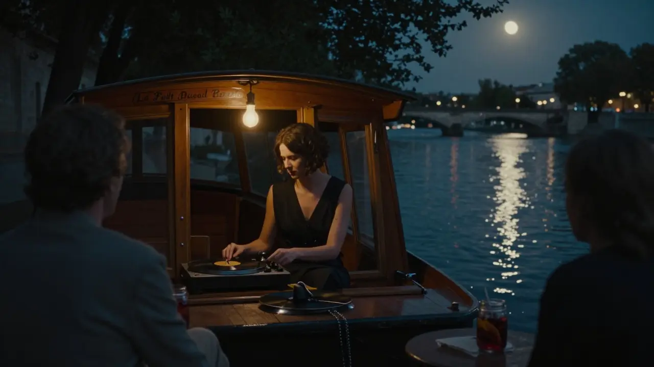 A quiet, hidden barge at night with a woman playing vinyl, patrons sipping sangria in mason jars, moonlight reflecting on the calm river.