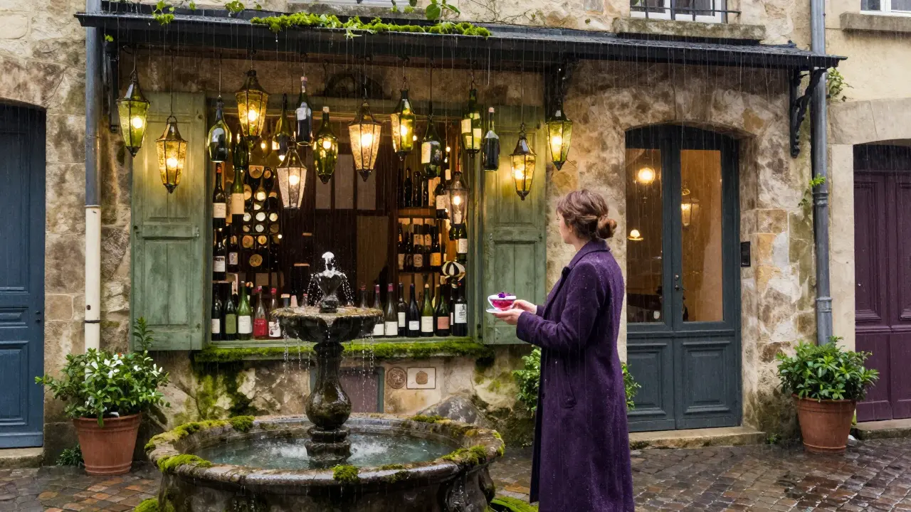 A rain-soaked hidden garden lit by wine bottle lanterns, where a woman offers tea in quiet solitude.