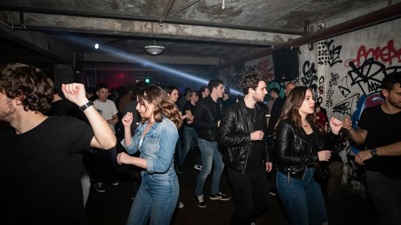 A raw, energetic underground club scene at Alcatraz in Milan, with dancers in casual wear under pulsing strobe lights.
