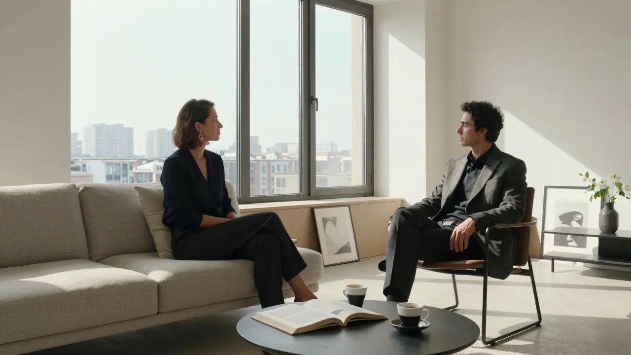 A serene Milan apartment with sunlight streaming in, empty coffee cups and an open book suggesting quiet companionship.