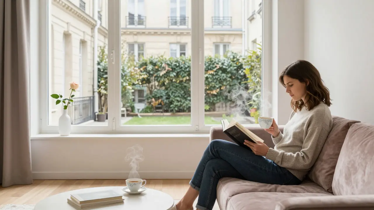 A serene Paris apartment with natural light, a woman reading quietly on a velvet sofa, a single rose in a vase by the window.