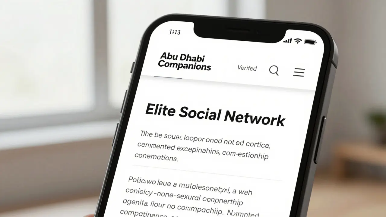 A smartphone screen showing a clean, professional companionship agency website with clear policies and contact details.