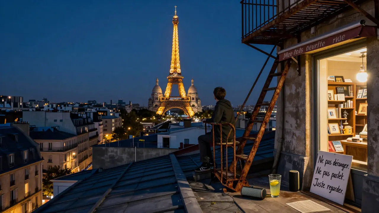A solitary person on a hidden rooftop overlooking Paris at night, with the Eiffel Tower in the distance and a quiet sign reading 'Juste regarder'.
