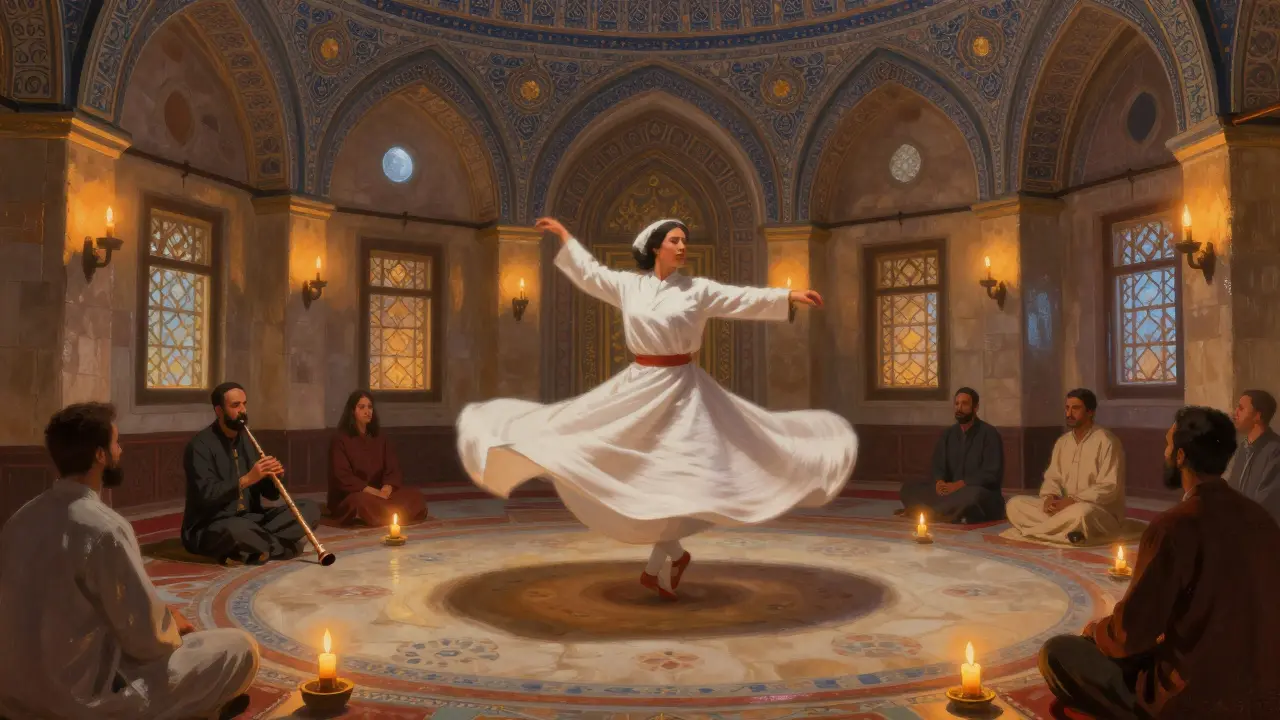 A whirling dervish in a traditional ceremony under candlelight and Islamic tilework.