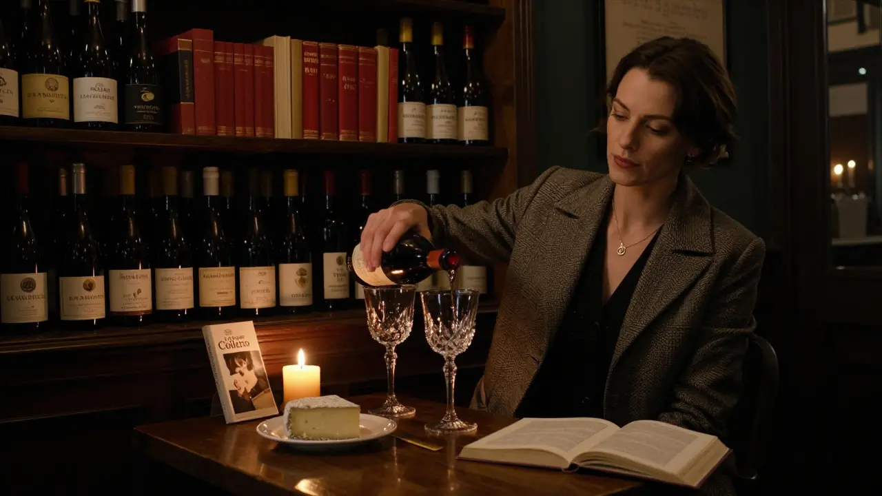 A woman pours wine in a cozy Montmartre wine bar, candlelight glowing on books and cheese, evoking intimate conversation.