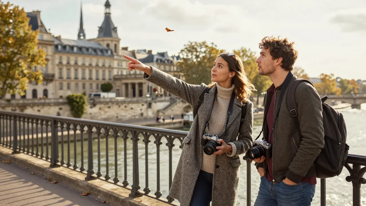 A woman showing a traveler a hidden Parisian courtyard while standing on a bridge.