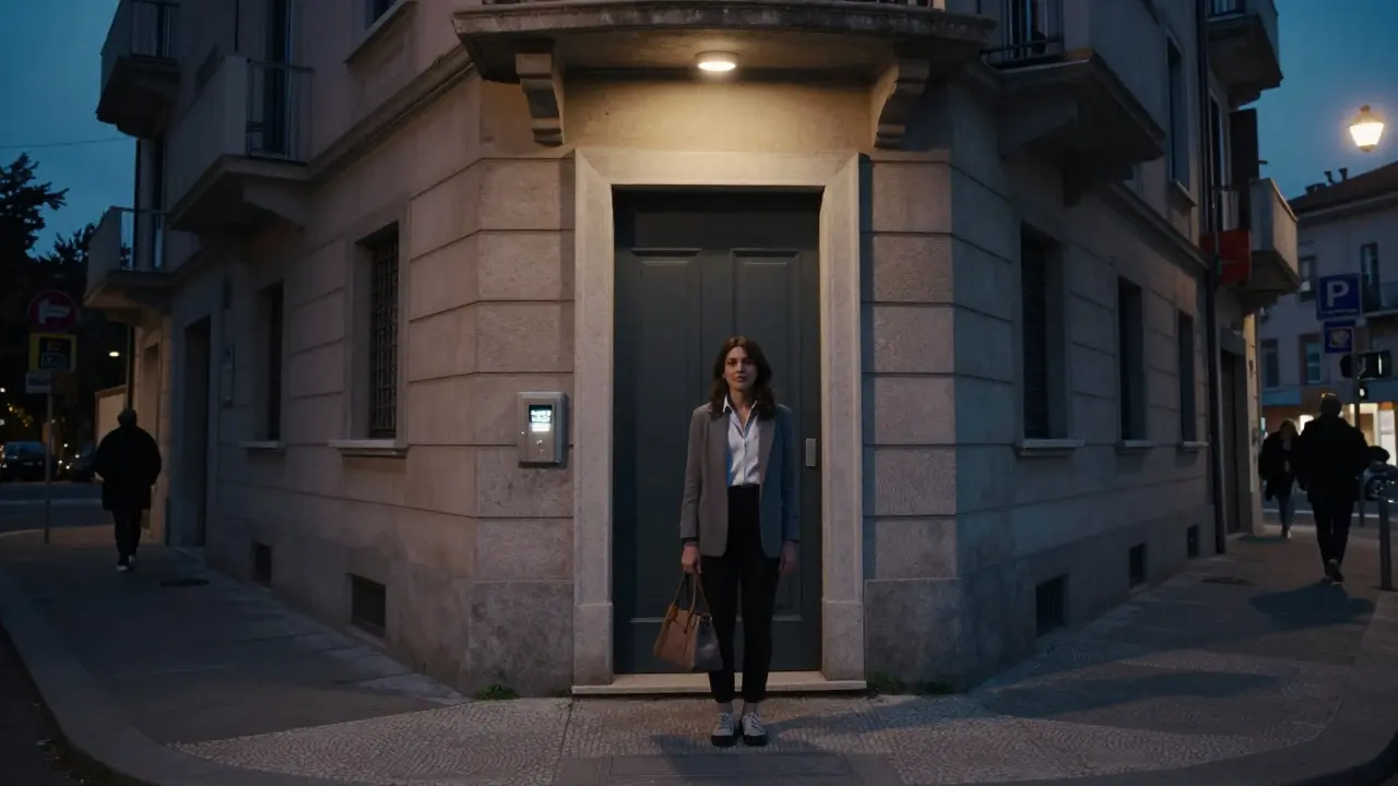 A woman standing alone outside a residential building in central Milan, dressed elegantly, with no advertising or solicitation signs.
