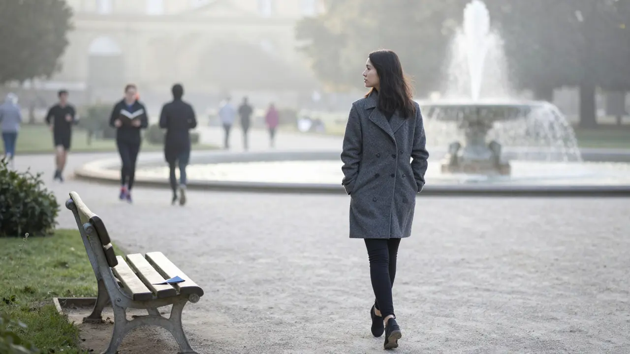 A woman walking alone in the Luxembourg Gardens at dawn, a folded note resting on a bench nearby.