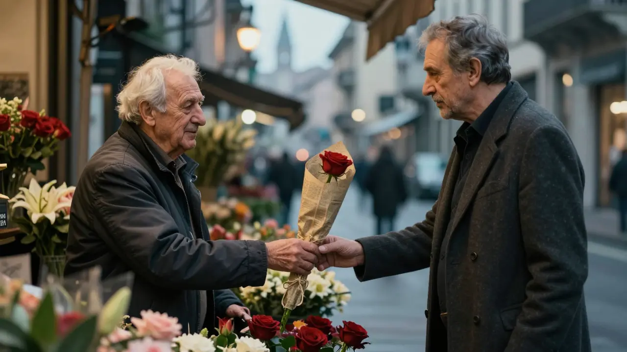 An elderly man handing a single red rose wrapped in newsprint to a man in a coat at a Milan flower market at dusk.
