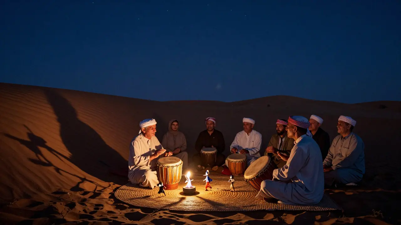 An elderly storyteller shares an ancient tale under desert stars with shadow puppets and drummers.