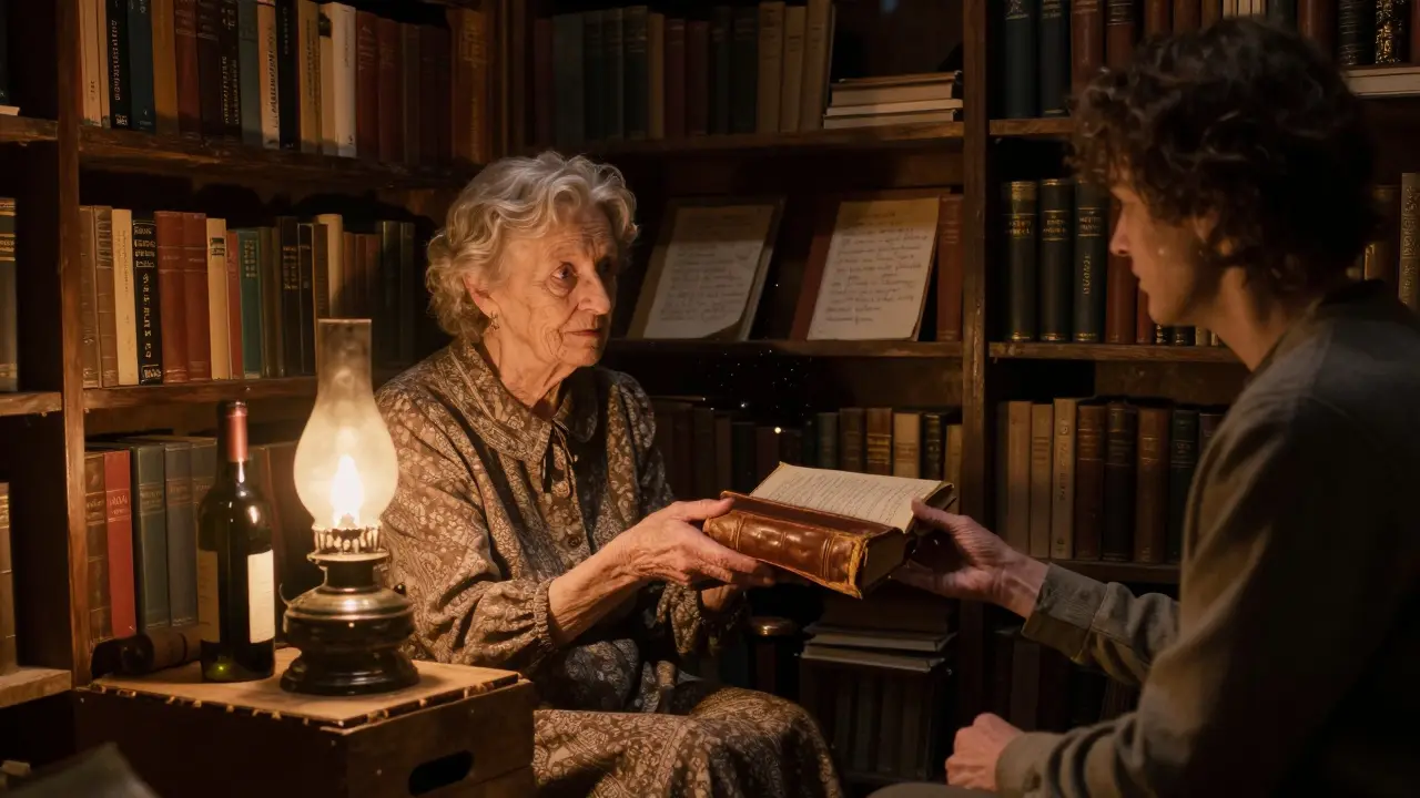 An elderly woman handing a rare book to a visitor in a hidden underground library lined with vintage books.
