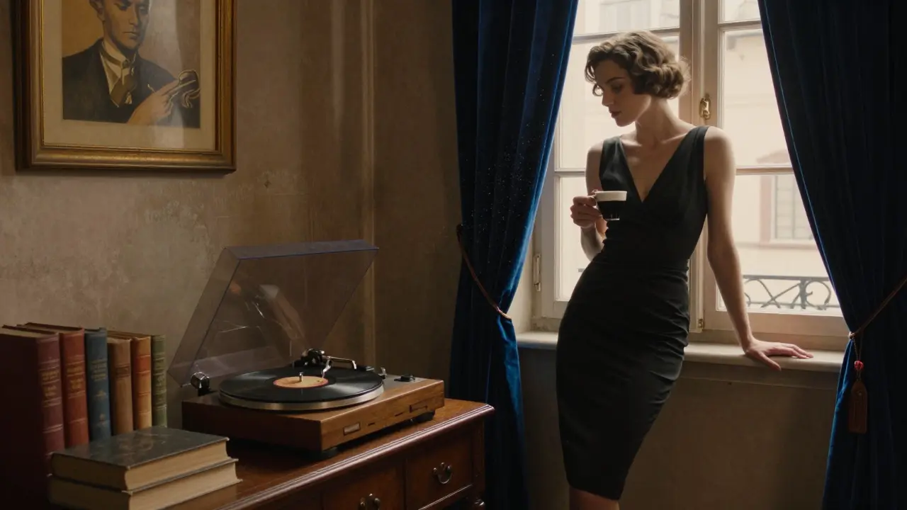 An elegant woman in a 1920s-style apartment in Brera, bathed in moonlight, surrounded by art and a jazz record playing.