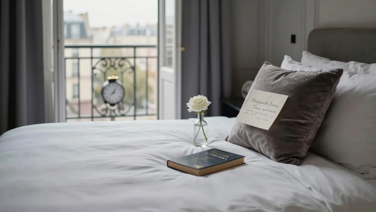 An empty hotel room at dawn with a book and rose on the pillow, symbolizing a respectful, quiet departure.