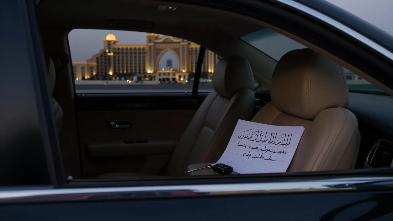 An empty luxury car outside St. Regis Abu Dhabi at dusk, keys and a handwritten note on the seat, symbolizing discreet companionship.