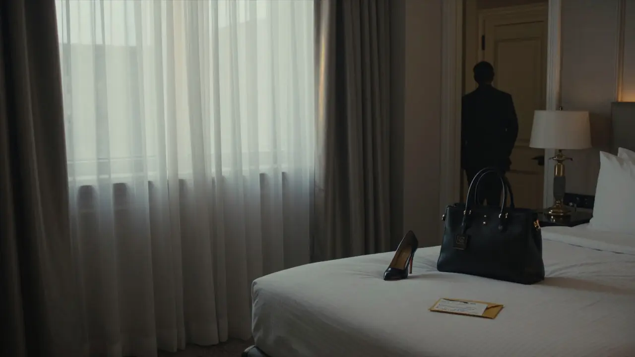 An empty luxury hotel suite at dawn, hinting at a discreet departure with only a sealed envelope and a single shoe left behind.