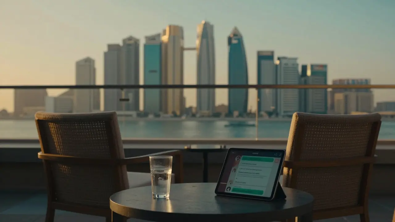 An empty rooftop lounge in Abu Dhabi at sunset, with a confirmed meeting message on a tablet, symbolizing safe and thoughtful arrangements.