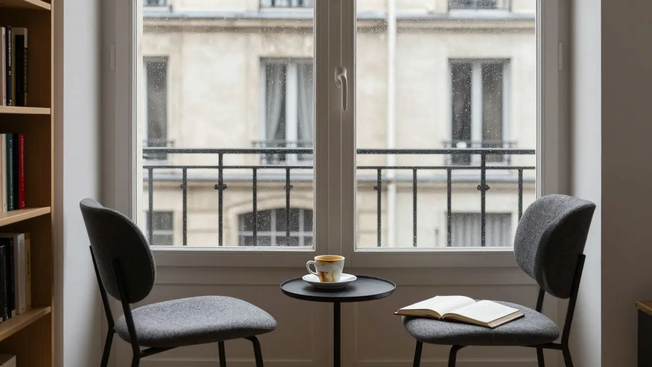An intimate, empty Paris apartment interior with coffee and an open journal on a table.
