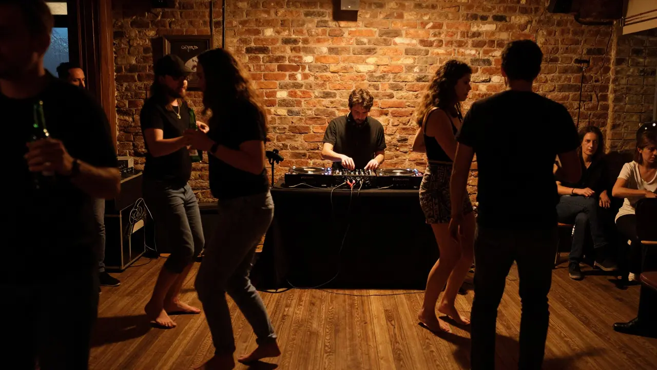 An underground jazz club with dim lighting, patrons dancing to live music on a wooden floor, no stage or decorations.