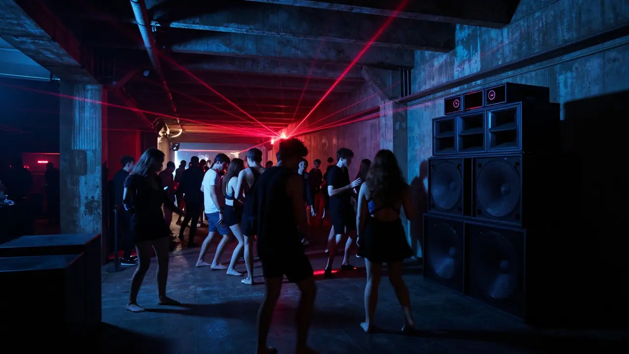 An underground techno club with lasers and dancers in a converted railway space.