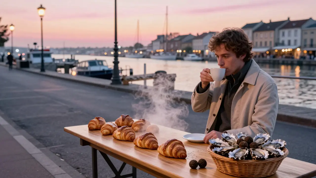 At dawn, a local enjoys coffee and pastries at a morning market beside fresh oysters and truffles, harbor lights fading in the background.