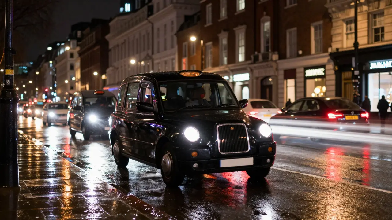 Black cab driving through illuminated city streets at night.