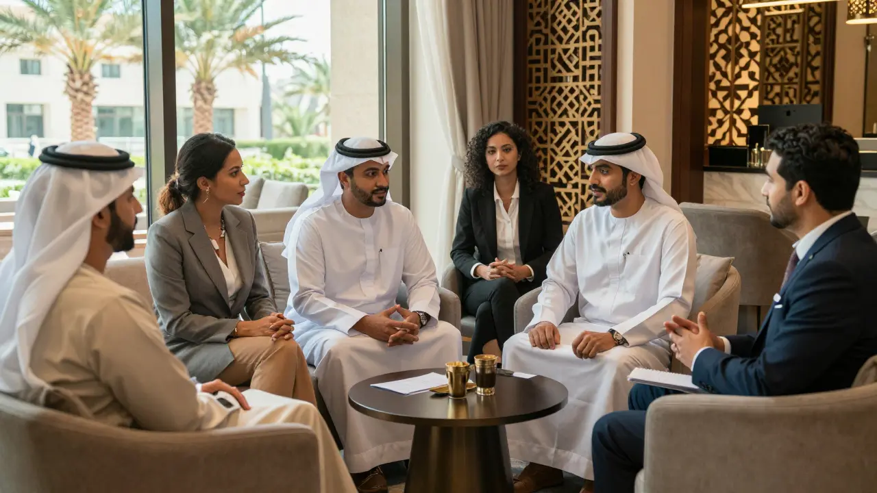 Business networking group in modern cultural lounge