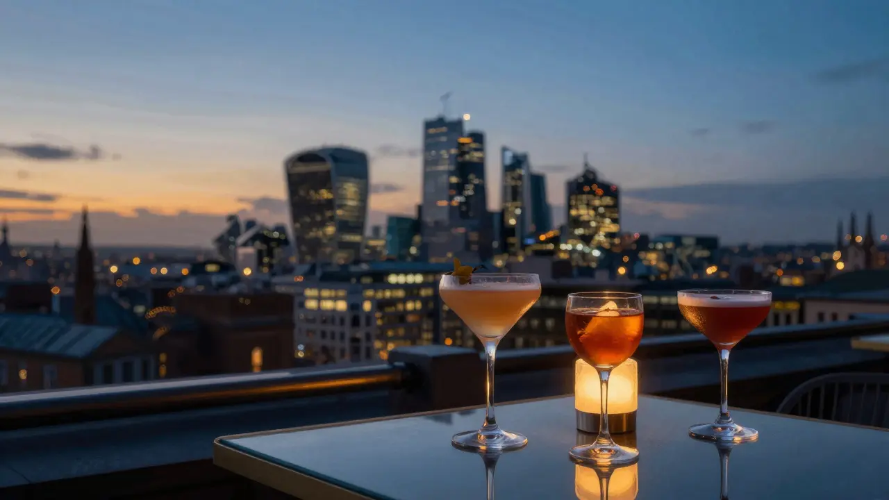 Cocktails on a rooftop bar overlooking the city skyline.