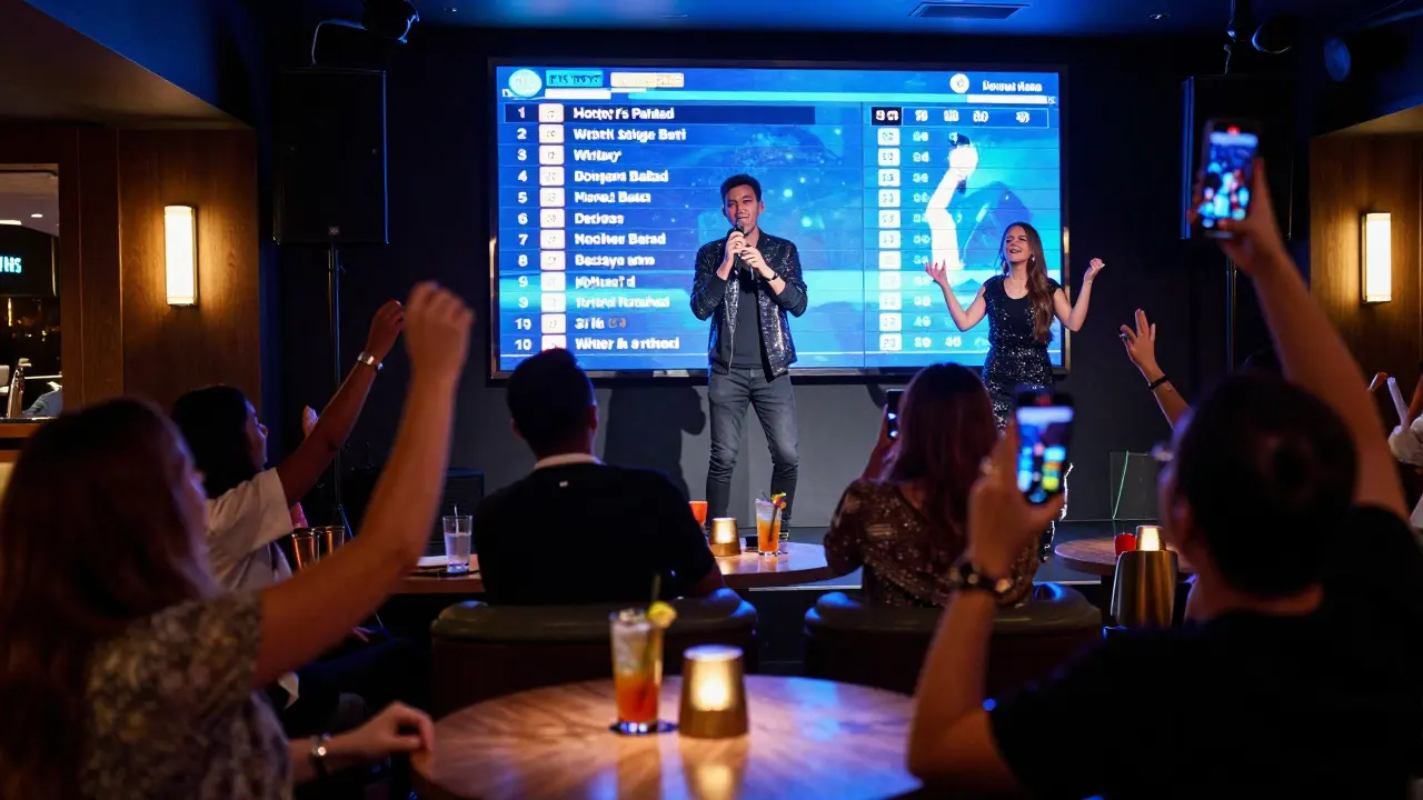 Crowd cheering at a karaoke bar with digital leaderboard showing top performers and singer-themed cocktails.